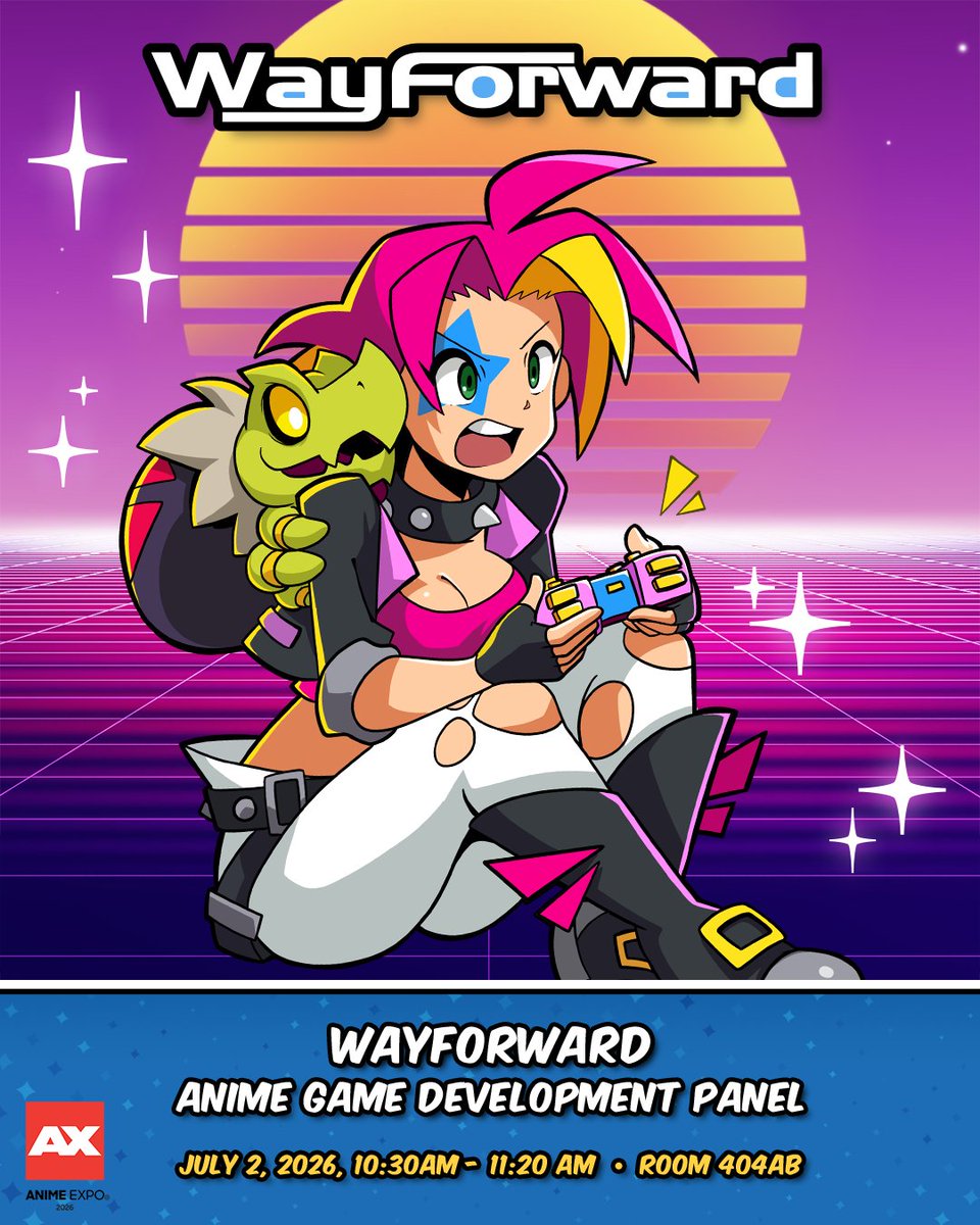 WayForward's tweet photo. The WayForward annual Anime Expo panel starts in just an hour, at 10:30AM in room 404AB! Meet the directors, learn about the creative process, answer trivia for prizes, get your questions answered, and snag a new, free WF trading card for attending! We'll see you soon! https://t.co/wRpcw7dJkb