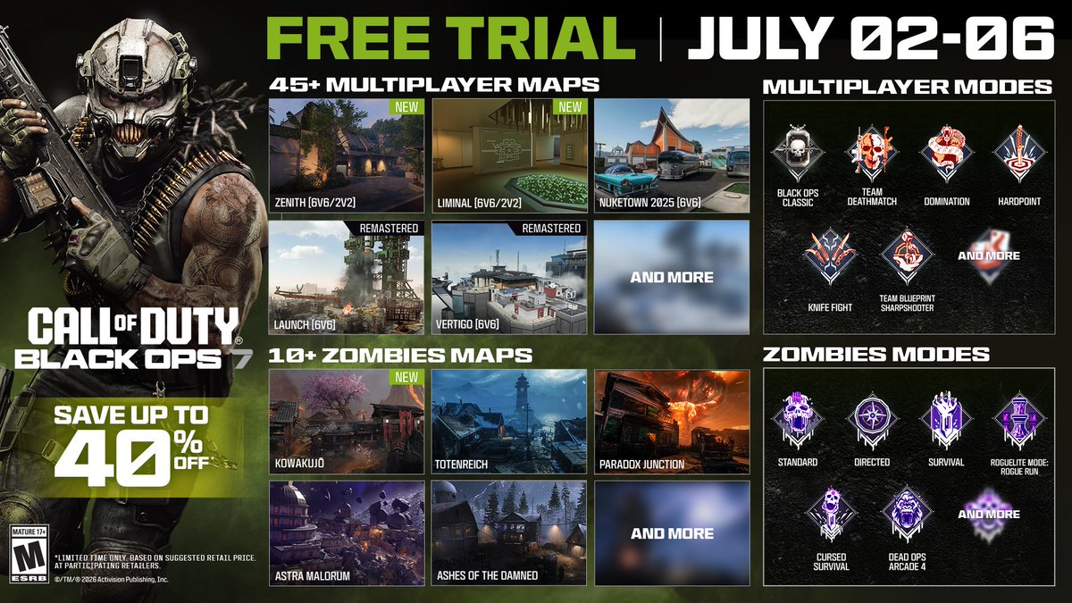 CODLiveSeasons's tweet photo. Play the Call of Duty: Black Ops 7 Free Trial from July 2–6 and earn a Quad Feed of Double XP all weekend 🗓️

Experience 45+ Multiplayer maps, 10+ Zombies maps, Multiplayer and Zombies modes, and more 😤 https://t.co/W286xQqkLJ