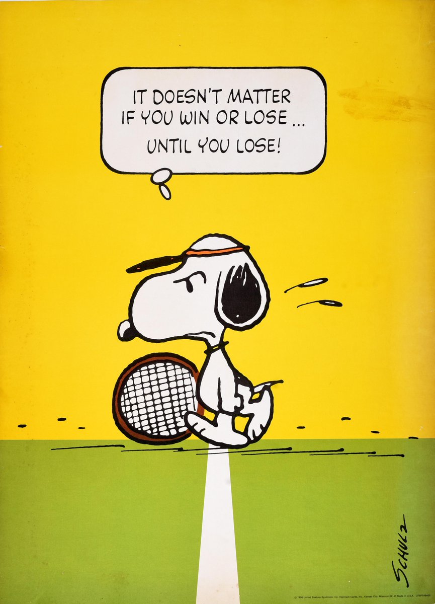 AntikBar's tweet photo. Original #vintage #poster of the day - It doesn't matter if you win or lose ... until you lose! Snoopy (1980s) Artist: Charles M. Schulz → https://t.co/Fy7ZYmthov
#Snoopy #Tennis #Fun #Design #Cartoon #Dog #WinOrLose #Quote #TennisCourt #Iconic #Comic #Art #AnyoneForTennis?! https://t.co/BM5lDEpIB1