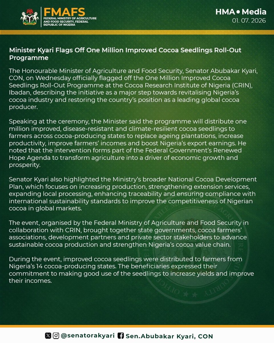 SenatorAKyari's tweet photo. Yesterday, we flagged off the One Million Improved Cocoa Seedlings Roll-Out Programme at the Cocoa Research Institute of Nigeria (CRIN), Ibadan, reaffirming our commitment to reviving Nigeria’s cocoa industry under the Renewed Hope Agenda of President Bola Ahmed Tinubu, GCFR.

The programme will provide one million improved, disease-resistant and climate-resilient cocoa seedlings to farmers across our 14 cocoa-producing states, helping to increase yields, improve farmers’ incomes and boost Nigeria’s export competitiveness.

It was inspiring to present the first seedlings to farmers, whose commitment to making the most of this intervention gives us confidence in a brighter future for Nigeria’s cocoa sector.

Together, we are growing prosperity, one seedling at a time.