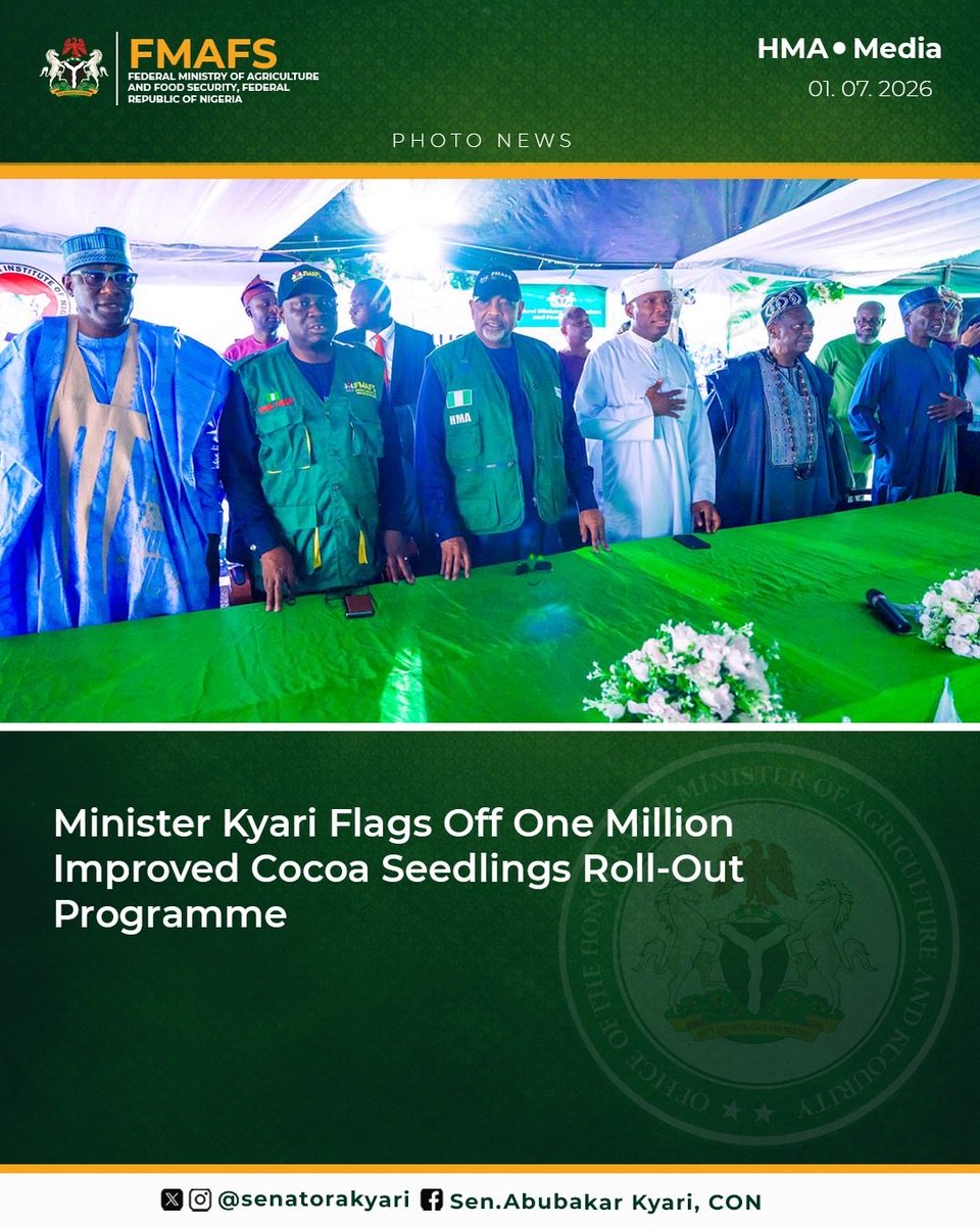 SenatorAKyari's tweet photo. Yesterday, we flagged off the One Million Improved Cocoa Seedlings Roll-Out Programme at the Cocoa Research Institute of Nigeria (CRIN), Ibadan, reaffirming our commitment to reviving Nigeria’s cocoa industry under the Renewed Hope Agenda of President Bola Ahmed Tinubu, GCFR.

The programme will provide one million improved, disease-resistant and climate-resilient cocoa seedlings to farmers across our 14 cocoa-producing states, helping to increase yields, improve farmers’ incomes and boost Nigeria’s export competitiveness.

It was inspiring to present the first seedlings to farmers, whose commitment to making the most of this intervention gives us confidence in a brighter future for Nigeria’s cocoa sector.

Together, we are growing prosperity, one seedling at a time.