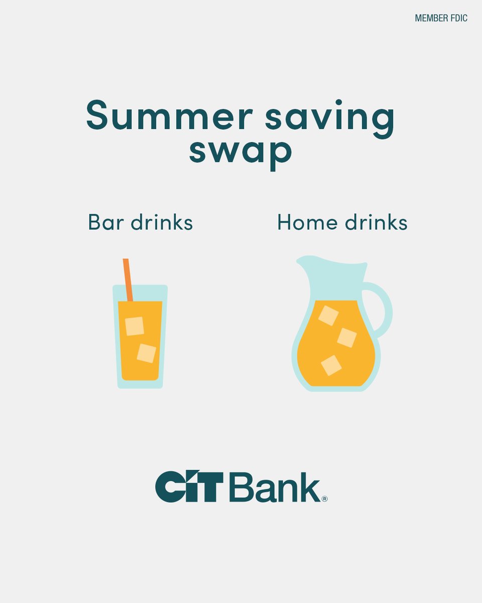 CITBank's tweet photo. Going out in summer gets expensive fast. Organize a circuit with your friends where you rotate hosting happy hour, and everyone brings a beverage or snack to share. Get the social energy without the $18-a-drink tab.

Get more money-saving tips: https://t.co/xN1hQC0foX https://t.co/0cpOlJccQl