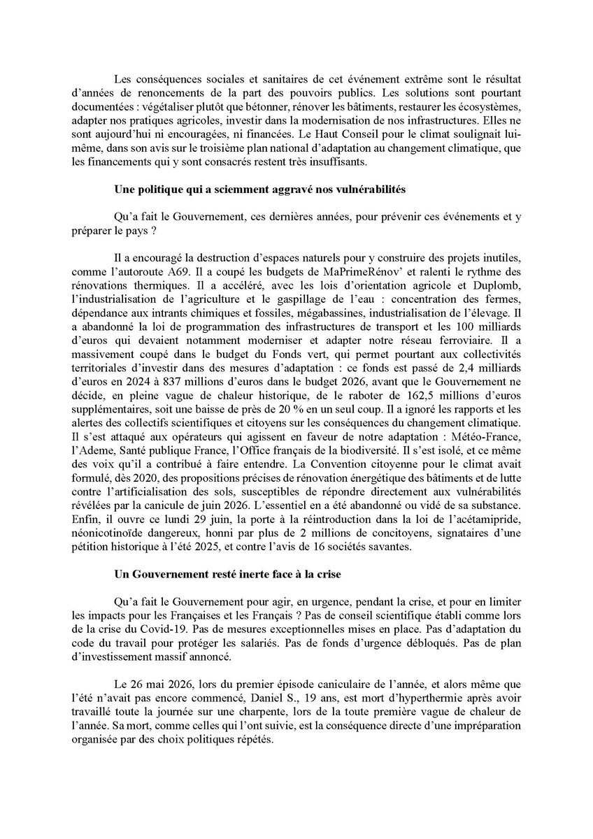 AssembleeNat's tweet photo. 🛎️ Motion de censure déposée par @Cyrielle_Chtl, @abomangoli et 56 députés, en application de l'article 49, alinéa 2, de la Constitution.

🗓️ Sous réserve des décisions de la Conférence des présidents, cette motion sera examinée lundi 6 juillet 2026 à 14h.
#DirectAN https://t.co/XW6laoAP1J