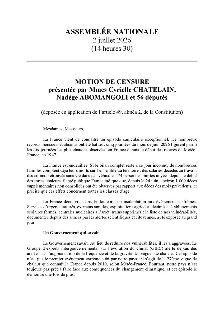 AssembleeNat's tweet photo. 🛎️ Motion de censure déposée par @Cyrielle_Chtl, @abomangoli et 56 députés, en application de l'article 49, alinéa 2, de la Constitution.

🗓️ Sous réserve des décisions de la Conférence des présidents, cette motion sera examinée lundi 6 juillet 2026 à 14h.
#DirectAN https://t.co/XW6laoAP1J