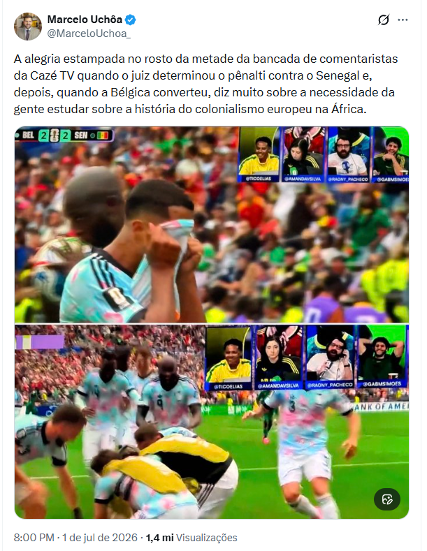 mondogon's tweet photo. O mundo está doente.

Só não falou que foi racismo a reação pois tem um preto ali no meio.

O que caralhos tem a ver a belíssima vitória de virada de uma seleção em uma Copa do Mundo com estudar história do colonialismo europeu na África? https://t.co/yFAIS1eLb4