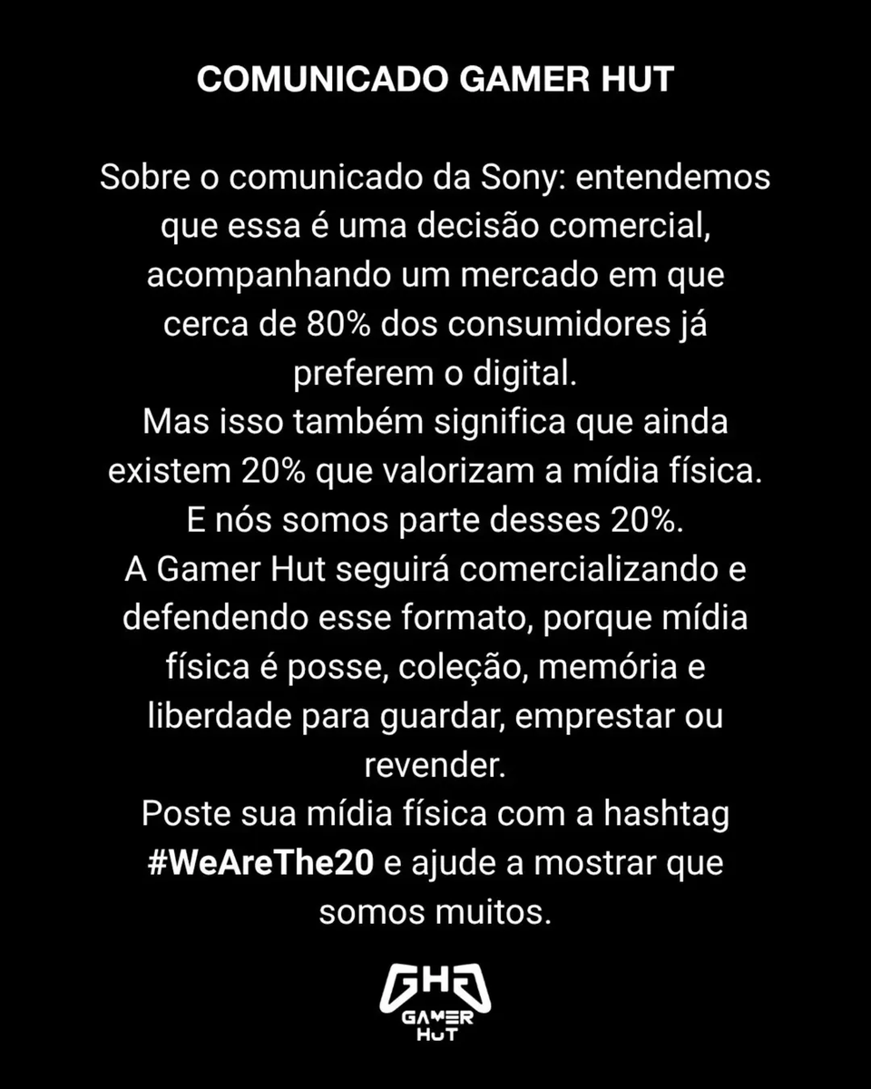 GamerHutStore's tweet photo. 🎮A mídia física faz parte da história dos videogames. E da nossa também. Se você também acredita nisso, participe desse movimento. Poste sua coleção usando a hashtag #WeAreThe20 e mostre que a paixão pela mídia física continua mais viva do que nunca. https://t.co/5hEzd7BvBs