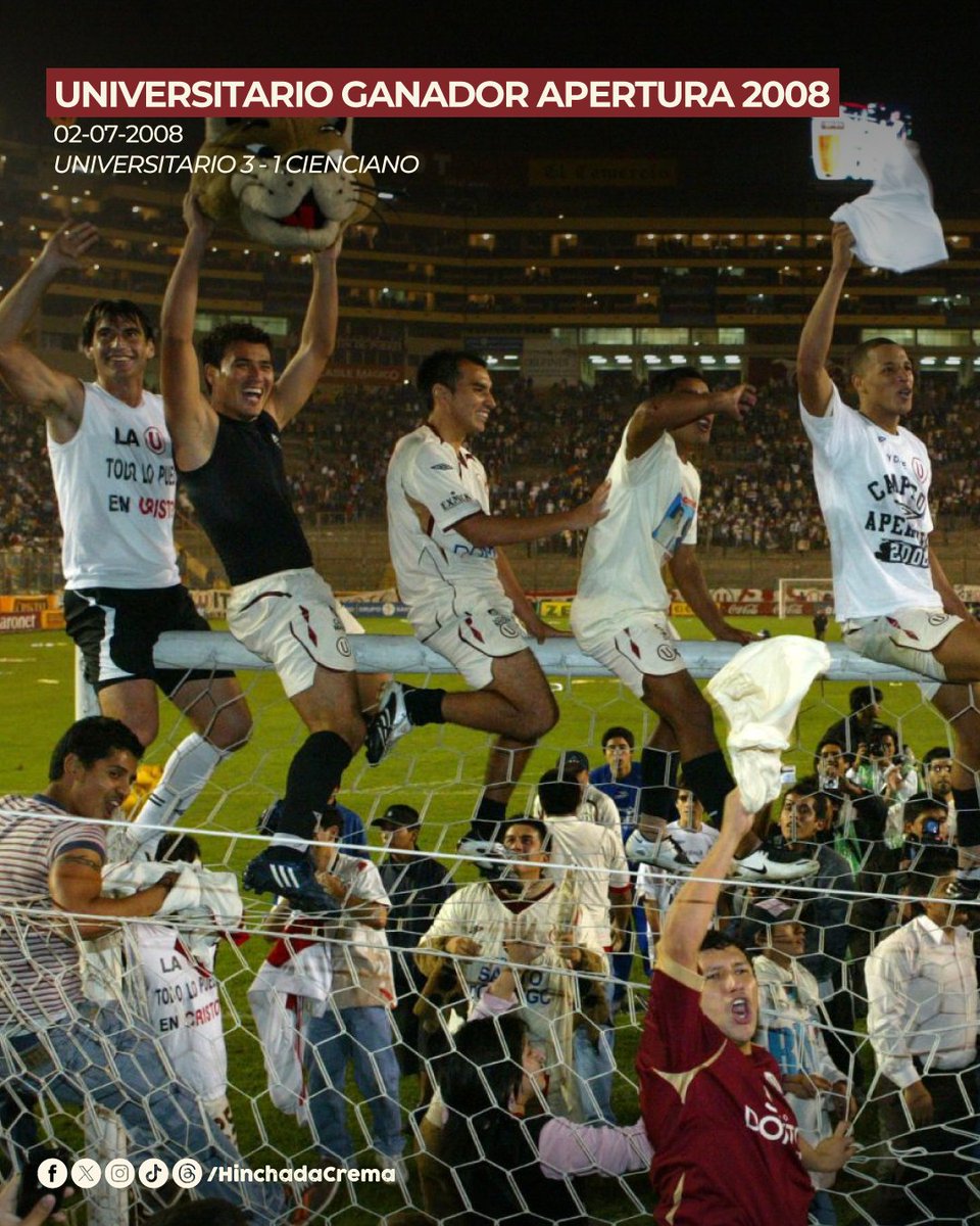 hinchadacrema's tweet photo. 🏆🔙 📜 #𝗛𝗶𝘀𝘁𝗼𝗿𝗶𝗮𝗖𝗿𝗲𝗺𝗮 | Un día como hoy en el 2008, Universitario se consagra ganador del Torneo Apertura tras vencer a Cienciano por 3 - 1 en el Estadio Monumental. Los goles fueron de Héctor Hurtado, Jorge Araujo y Mayer Candelo (penal). https://t.co/db4ID51zgX