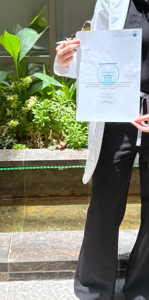 layan_N25's tweet photo. Completed my summer training at King Abdullah Bin Abdulaziz University Hospital. I’m truly grateful for all the knowledge and experience I gained. Many thanks to the wonderful staff for their support and guidance throughout this rewarding journey.
#SummerTraining #PharmD #KAAUH https://t.co/niInecjcWM