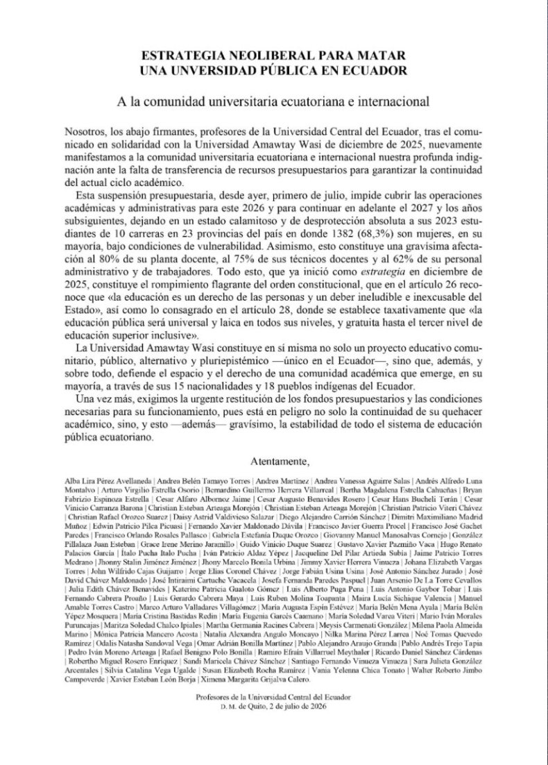 ecuainm_oficial's tweet photo. ‼️#URGENTE
Profesores de la Universidad Central del Ecuador expresaron su rechazo a la suspensión de recursos para la Universidad Intercultural Amawtay Wasi y advirtieron que la medida pone en riesgo la continuidad académica de la institución. En un pronunciamiento, señalaron que la decisión afecta a estudiantes, docentes y trabajadores, vulnera el derecho a la educación pública y exigieron la restitución inmediata del presupuesto para garantizar su funcionamiento.