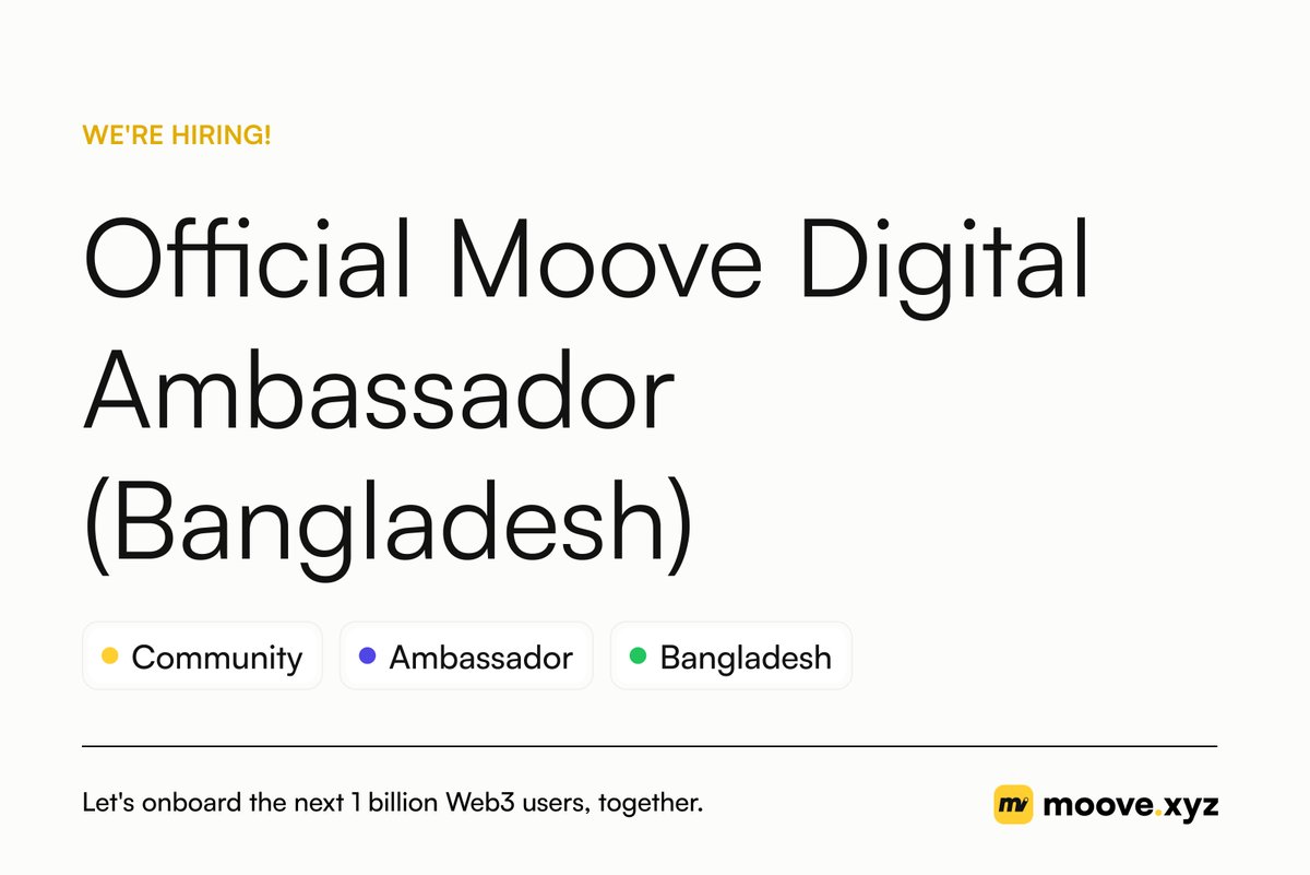 moovexyz's tweet photo. 📣 Official Moove Careers Announcement 📣

Applications for Official Moove Digital Ambassador (Bangladesh) are LIVE NOW 🇧🇩

Get paid in USDC to help open up Web3 payments for one of the world's most dynamic emerging markets.

🔹About the role

Bangladesh has a massive, mobile-savvy population ready for better financial tools. We want a passionate local builder to represent Moove on the ground — educating, onboarding, and growing a real community from the ground up. 

This is a chance to be early in a market with enormous upside, and to shape how crypto payments take root here.

🔹What You'll Do

・Represent Moove across X, Discord, and Telegram ・Create content that demystifies Web3 + crypto payments 
・Lead community discussions and answer questions
・Onboard new users through your own network 
・Help drive real transaction volume 
・Partner with the core team on campaigns and launches

🔹What We're Looking For

・Active member of the Moove Community 
・Solid presence in Bangladesh's crypto/tech space 
・Strong storytelling and content skills 
・Ability to break down complex topics for newcomers ・Real enthusiasm for Web3 and fintech 
・Consistency in posting and engaging 
・Focused on measurable results

🔹What We Offer

・Tiered monthly USDC + performance upside 
・Early beta access to new products 
・Direct collaboration with the founding team 
・Mentorship + personal brand growth 
・Global network of Web3 creators & builders 
・A clear growth path in the Ambassador Program

If you're ready to build from the ground up, we want to hear from you.

Apply Now: https://t.co/WqZG5ZILSf
Deadline: 13 July 2026, 4:00PM UTC

Bangladesh, let's build something big together. 🇧🇩

💛 Your Money. Your Move. 💛