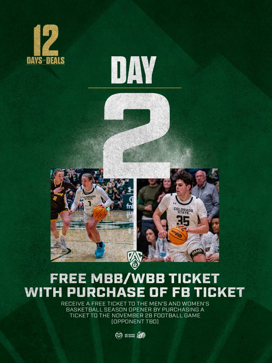 CSURams's tweet photo. 𝟭𝟮 𝗗𝗔𝗬𝗦 𝗢𝗙 𝗗𝗘𝗔𝗟𝗦: 𝗗𝗔𝗬 𝟮 🎁

Football Saturday + hoops on the house? Say less! 🐏🏀

Purchase a ticket to the Nov. 28 football game &amp; receive a FREE ticket to the men’s &amp; women’s basketball season openers!

🎟️ Claim the deal » https://t.co/CX7aK9PDt6 https://t.co/LPoqOs0kDT