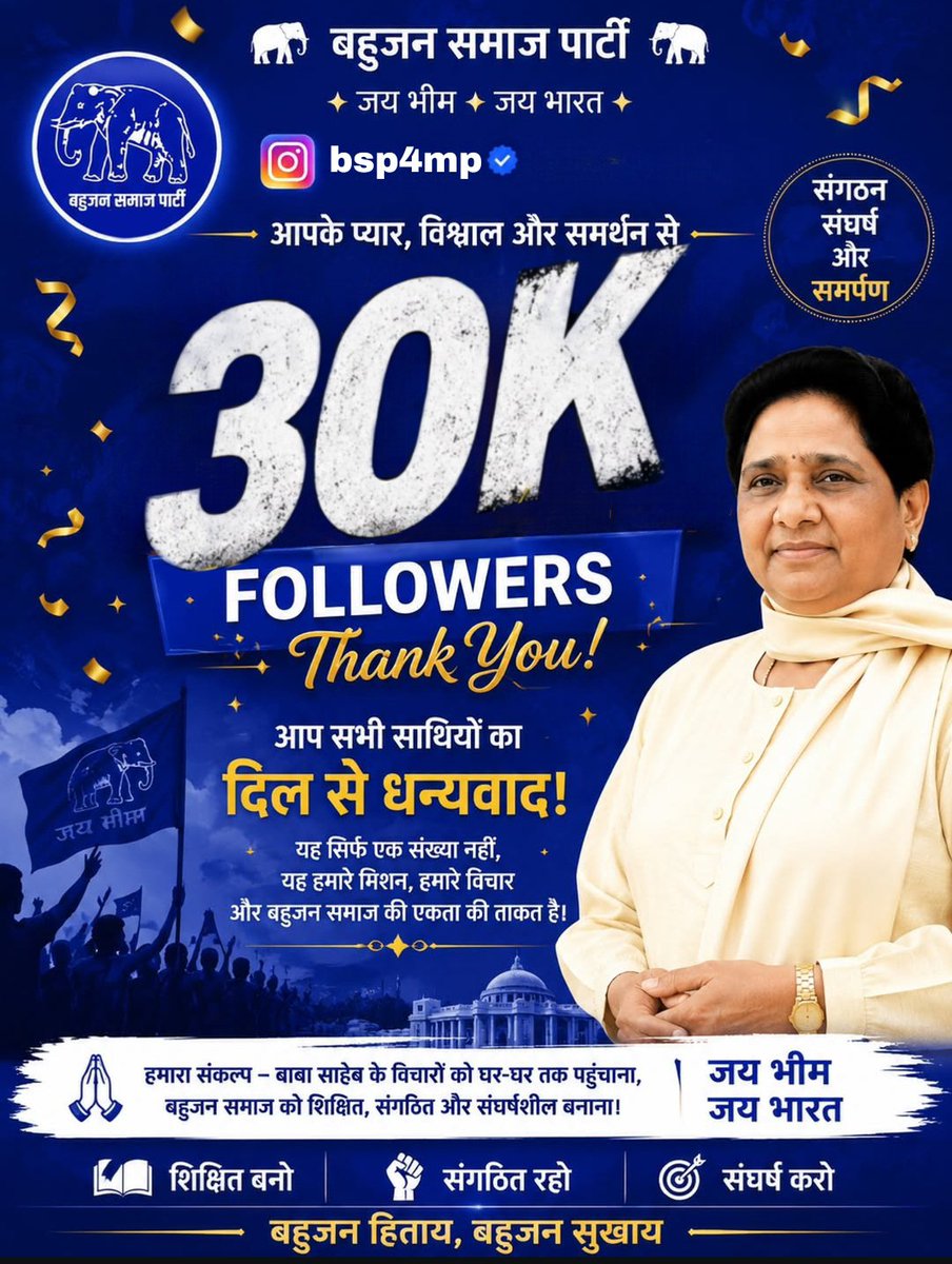 BSP4MP_'s tweet photo. बहुजन समाज पार्टी के सभी चाहने वालो और कार्यकर्ताओ को बसपा मध्यप्रदेश की से इंस्टाग्राम अकाउंट #bsp4mp पर #30k परिवार कम्पलीट होने पर बहुत बहुत बधाई एवं मंगलकामनाएं।
#BSPMadhyaPradesh #bsp4mp https://t.co/oeFpm22yvq