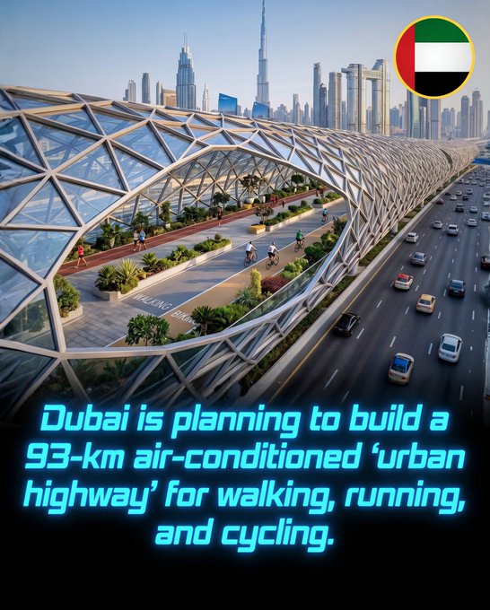 Rainmaker1973's tweet photo. Dubai is planning to build โThe Loopโ, a groundbreaking 93-kilometer air-conditioned urban highway for walking, running, and cycling.
Designed by the architectural studio URB, this ambitious project is a key part of Dubaiโs โ20-minute cityโ vision, aiming to connect over three million residents to essential services within a short walk or bike ride.
The fully climate-controlled corridor will maintain comfortable temperatures year-round, allowing people to stay active even during the scorching summer months. In addition to transport, The Loop will feature parks, sports facilities, and recreational spaces, turning it into a vibrant, multifunctional public destination.
The project supports Dubaiโs bold goal of having 80% of residents commuting on foot or by bicycle by 2040, promoting healthier lifestyles, reducing car dependency, and lowering emissions.
A world-first concept that perfectly blends sustainability, innovation, and quality of life.