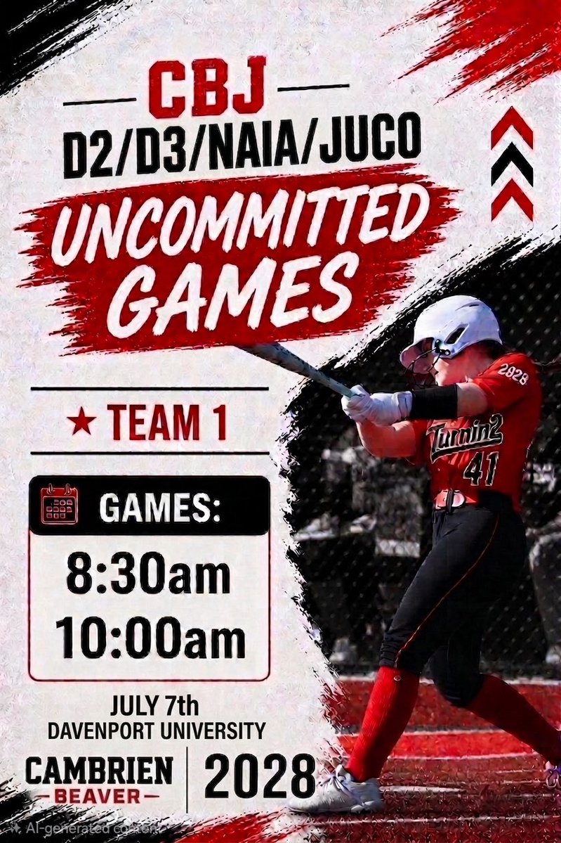 cambrien_beaver's tweet photo. ‼️CBJ D2/D3/NAIA/JUCO Uncommitted Games coming up‼️

📍Davenport University - Farmers  
       Insurance Athletic Complex 
📅 July 7, 2026
🥎 Team 1 
⏰ Games: 8:30am and 10:00am

#uncommitted #2028recruit 
@CollegeBDJocks https://t.co/kLo93ARnZk