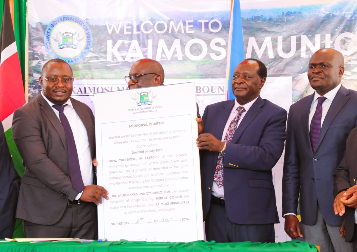 VihigaCountyGov's tweet photo. Kaimosi has officially been conferred Municipality Status after @Gov_Ottichilo signed its Municipal Charter at Kaimosi TTC. The milestone will enhance planning, service delivery, infrastructure growth, investment opportunities and public accountability for residents. https://t.co/p6GuM4Hr11