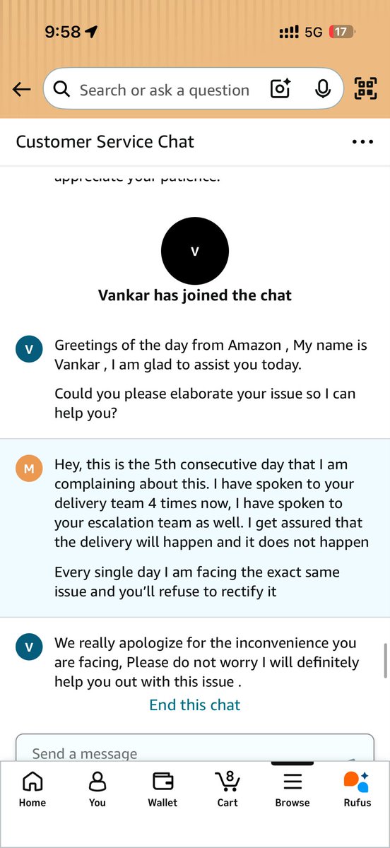 dystopic_ofc's tweet photo. In the past 2 months I have had an issue with over 15 orders. Spoken to your escalation teams and nothing has changed. This is how your escalation teams behave. After paying to be a prime member and being told 1 day delivery I have been fighting for 5 days for it.@jagograhakjago https://t.co/7cqDh4RTiV