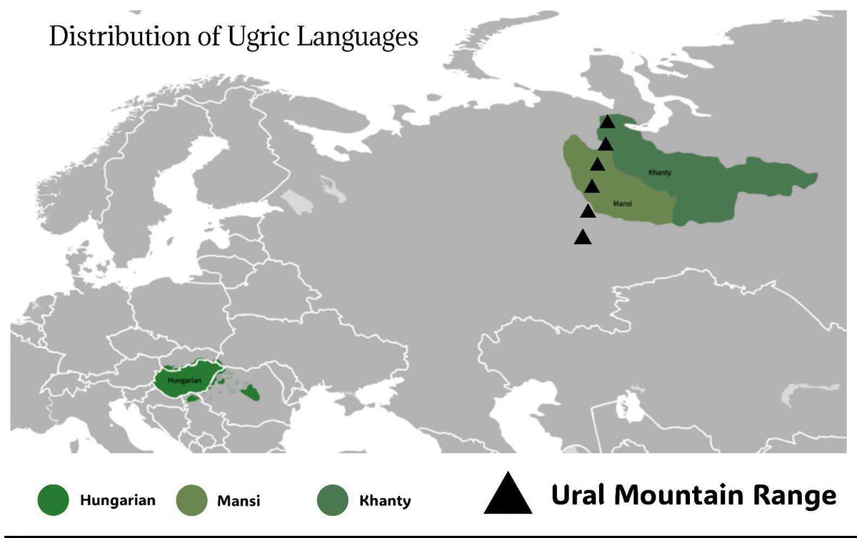 histories_arch's tweet photo. The Ugric languages have one of the most unusual distributions of any language branch. Hungarian is spoken in Central Europe, while its closest relatives, Khanty and Mansi, are spoken more than 3,000 km away in western Siberia. This striking separation is the result of thousands of years of migration. After the Ugric branch split from the rest of the Uralic family around 2000–1500 BCE, the ancestors of the Khanty and Mansi remained in western Siberia, while the ancestors of the Hungarians gradually moved southwest across the Eurasian Steppe. They eventually entered and settled in the Carpathian Basin in 895–896 CE, where Hungarian has remained ever since. Over more than two millennia, geographic isolation and contact with different neighboring peoples caused these languages to evolve independently, making them closely related but no longer mutually intelligible.

A remarkable historical episode occurred in 1235–1236 CE, when the Hungarian Dominican friar Julian set out to find the Eastern Hungarians (Magna Hungaria), a group believed to have remained behind near the Volga–Ural region during the westward migration. According to his account, he successfully located them in what is now thought to be Bashkortostan or nearby areas of Russia. Julian reported that he was able to communicate with them without an interpreter, suggesting that despite roughly 300–400 years of separation, their speech was still mutually intelligible with medieval Hungarian. During his journey, he also learned of the advancing Mongol armies and returned to Hungary with one of Europe's earliest warnings of the impending invasion. When he attempted to revisit the region in 1237, the Mongol conquest had already devastated the area, and the Eastern Hungarians disappeared from the historical record, most likely through death, displacement, or assimilation into neighboring populations. This episode remains one of the strongest historical clues linking the medieval Hungarian migration to its eastern homeland.

© Reddit

#archaeohistories