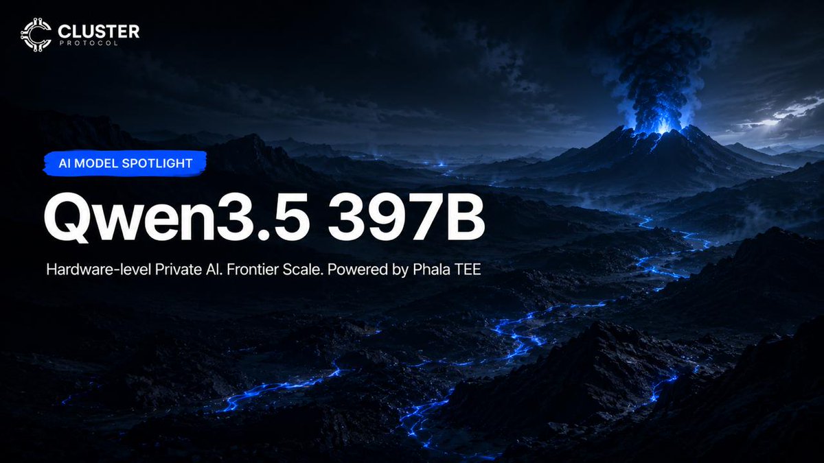 ClusterProtocol's tweet photo. Qwen3.5 397B-A17B is now live on Cluster Protocol's Private AI inference infrastructure, powered by Phala TEE.

397 billion parameters. Running privately inside a hardware-level Trusted Execution Environment.

The largest model available on Cluster Protocol's Private AI infrastructure, for teams that need maximum capability without sacrificing data privacy.