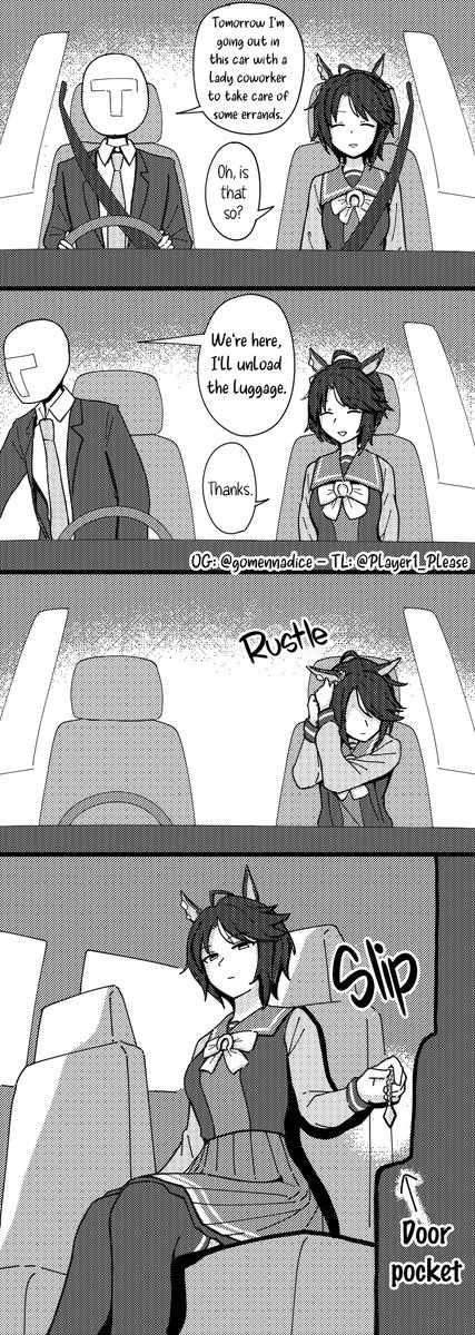Player1_Please's tweet photo. Fuji Kiseki who accidentally drops her own earring into the passenger seat door pocket of her trainer's car.
Eng ver, please support the artist if you like their works, thank you✨ https://t.co/9JnEjgcN0z