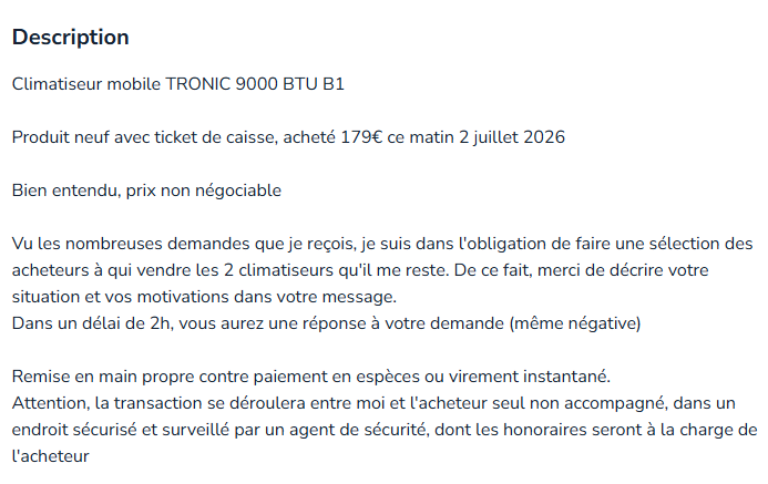 Romualddu13's tweet photo. Le type qui vend le climatiseur LIDL à 900€ indique l'avoir acheté ce vendredi 02 juillet à 179€.

Il précise également que la vente sera sécurisée, avec un agent de sécurité sur place...

S'il y a des gens suffisamment idiots pour acheter un climatiseur 5 fois son prix initial, c'est qu'ils sont nés pour être des pigeons.
Sélection naturelle.