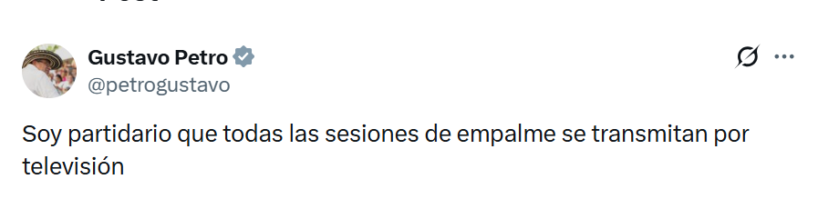 larepublica_co's tweet photo. #Atento I El presidente Gustavo Petro aseguró que es partidario de que las sesiones del empalme se transmitan por televisión https://t.co/iqD7k6HgHB