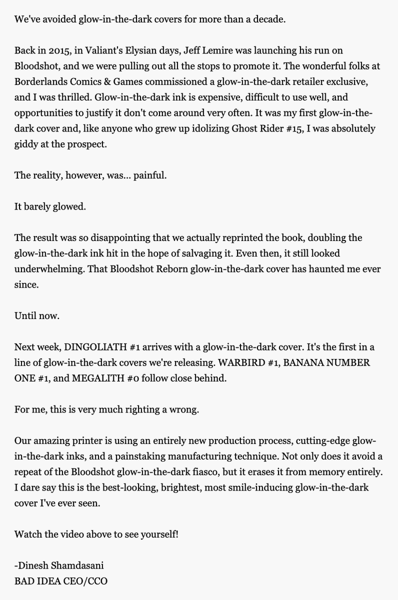 badideahello's tweet photo. This is a big one. We're debuting never-before-seen Glow-in-the-Dark technology. And we have a letter from BAD IDEA CEO/CCO Dinesh Shamdasani below to mark the moment of this new printing breakthrough! 

Read the full letter below and pick up DINGOLIATH #1 Glow-in-the-Dark Edition when it hits the stands on Wednesday, July 8th. And there's still time to pre-order WARBIRD #1 Glow-in-the-Dark Edition! Let your local comic shop know you want a copy before FOC on Monday, July 27th!