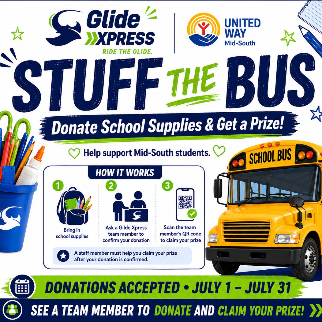uwmidsouth's tweet photo. #StuffTheBus! 🚌✨ Now through July 31st, bring your school supply donations to Glide Xpress all July and score a prize! Every backpack, notebook, and pencil helps a Mid-South student shine this school year. Drop off your supplies, scan the code, and claim your reward! 
#GiveBack https://t.co/O53OLtcDQo