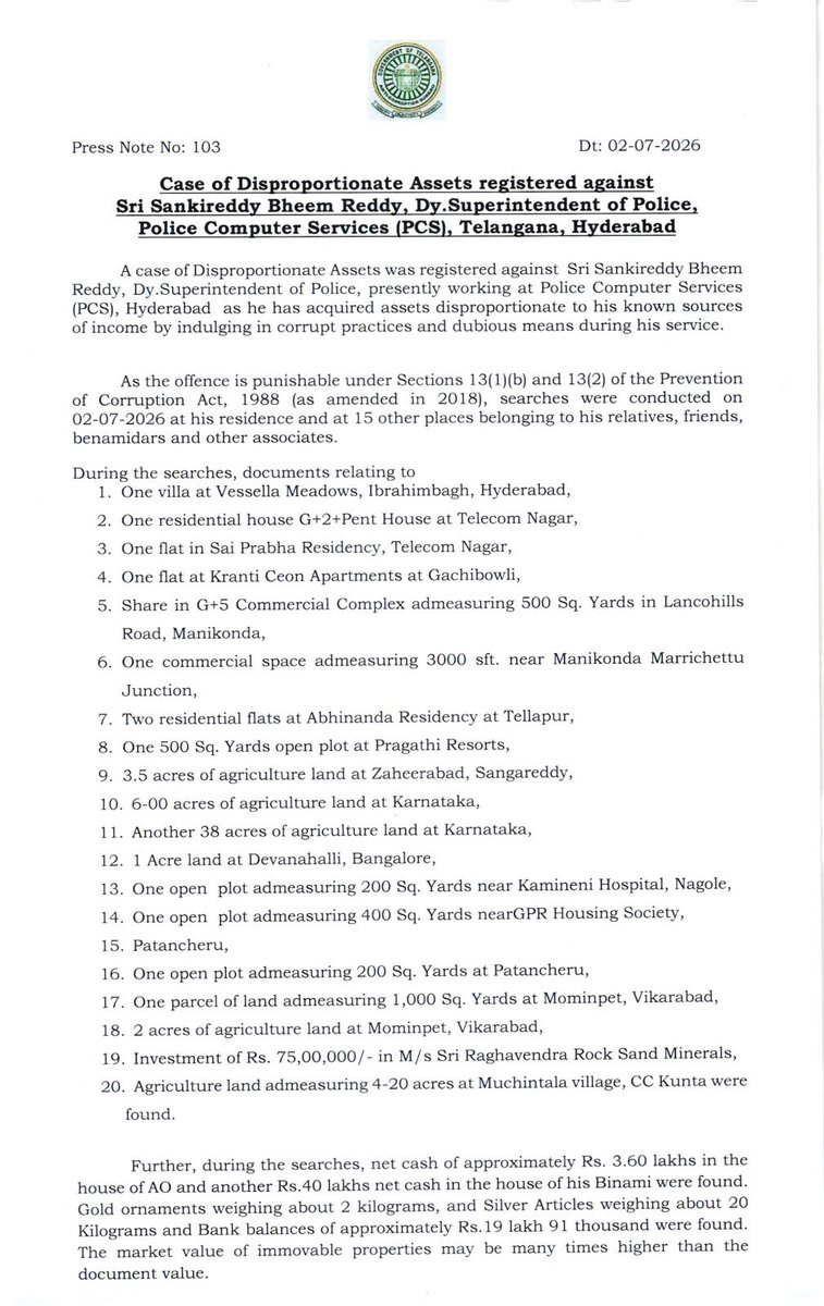 RSPraveenSwaero's tweet photo. Great job @TelanganaACB as usual. But your press note doesn’t mention about producing the accused before magistrate! This is a little surprising. Are you facing any pressures to release him on station bail from @TelanganaCMO @revanth_anumula ??? 

In most of the DA cases where officers from bahujan communities, you are showing the arrest of accused officer immediately once your search is over. Why not in this case???

#JustCurious #Scamgress