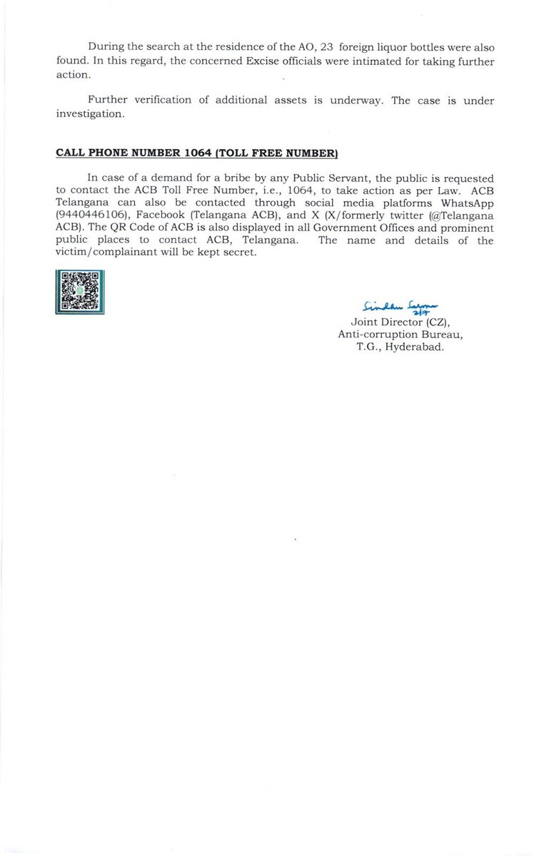 RSPraveenSwaero's tweet photo. Great job @TelanganaACB as usual. But your press note doesn’t mention about producing the accused before magistrate! This is a little surprising. Are you facing any pressures to release him on station bail from @TelanganaCMO @revanth_anumula ??? 

In most of the DA cases where officers from bahujan communities, you are showing the arrest of accused officer immediately once your search is over. Why not in this case???

#JustCurious #Scamgress