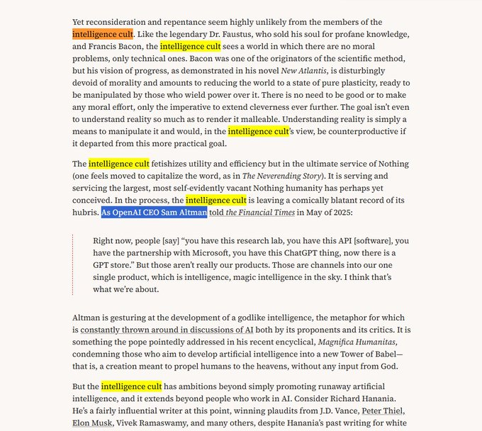 PetaIS0L's tweet photo. Sam Altman just got exposed for creating a Cult  called the "Intelligence Cult" !?!?!

 He created the cult for people who increasingly organize around AI, treating intelligence itself as something to admire, trust and build entire belief systems around  

LITRERALLY THE PAYPAL MAFIA FOR AI

https://t.co/WWxioGRk8v