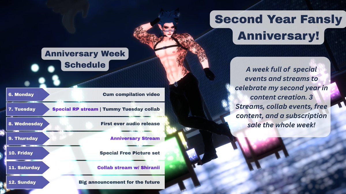Mex_Unveiled's tweet photo. My 2nd year anniversary on fansly!! To celebrate I have prepared a week full of action: 3 streams, free content, a collab and also something I've never done before: a sub sale that lasts all week!

Are you excited? Join me for a whole week of action!💙 https://t.co/ld2YCADn1X