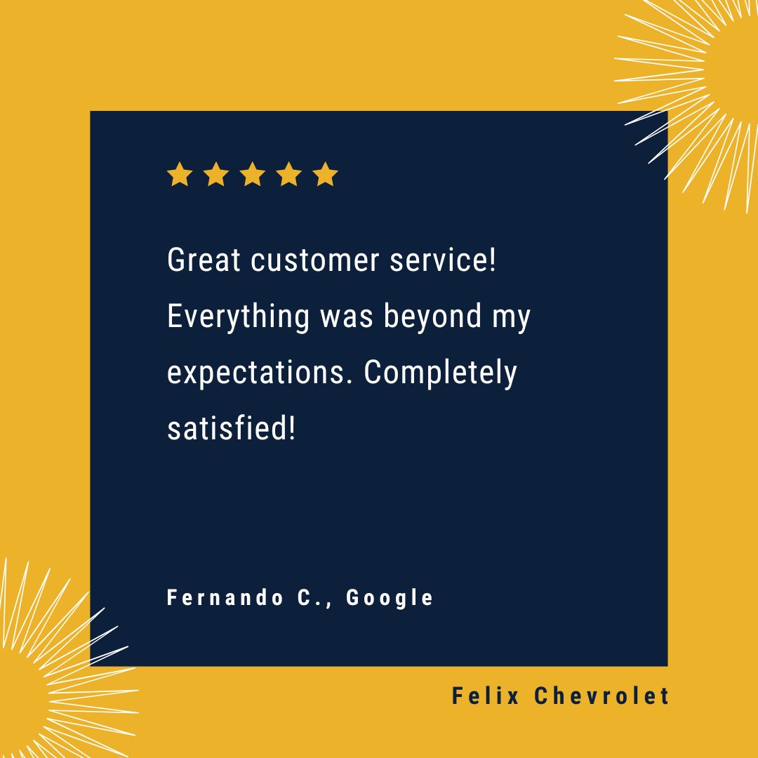 Felix_Chevrolet's tweet photo. Thank you, Fernando, for your kind review! We’re glad you had a great experience and look forward to serving you again. https://t.co/nlv9lr1mOt