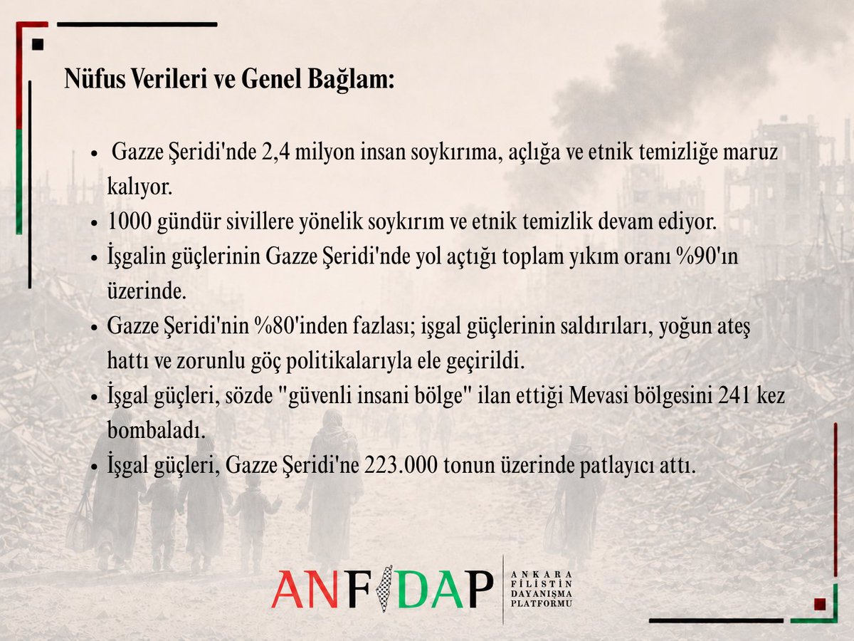 anfidap's tweet photo. Birincisi : Nüfus Verileri ve Genel Bağlam: 
🔸  Gazze Şeridi'nde 2,4 milyon insan soykırıma, açlığa ve etnik temizliğe maruz kalıyor. 
🔸  1000 gündür sivillere yönelik soykırım ve etnik temizlik devam ediyor. 
🔸  İşgalin güçlerinin Gazze Şeridi'nde yol açtığı toplam yıkım oranı %90'ın üzerinde. 
🔸   Gazze  Şeridi'nin  %80'inden  fazlası;  işgal  güçlerinin  saldırıları,  yoğun ateş  hattı  ve  zorunlu  göç politikalarıyla ele geçirildi. 
🔸  İşgal güçleri, sözde "güvenli insani bölge" ilan ettiği Mevasi bölgesini 241 kez bombaladı. 
🔸  İşgal güçleri, Gazze Şeridi'ne 223.000 tonun üzerinde patlayıcı attı.

*İkincisi* : Şehitler, Kayıplar ve Katliamlar: 
🔸  Soykırım savaşının başlangıcından bu yana hastanelere ulaşan toplam şehit sayısı: 73.066. 
🔸  Kayıp sayısı: 9.500 (enkaz altındaki şehitler veya akıbeti bilinmeyenler). 
🔸  Şehit çocuk sayısı: 21.500'in üzerinde. 
🔸  Şehit kadın sayısı: 12.500'ün üzerinde. 
🔸  Şehit anne sayısı: 9.000. 
🔸  Şehit baba sayısı: 22.500. 
🔸  1.022'den fazla çocuk, bir yaşından küçükken şehit oldu. 
🔸  Soykırım savaşı sırasında doğup şehit olan bebek sayısı: 520'den fazla. 
🔸  "İsrail" işgali tarafından öldürülen sağlık personeli şehit sayısı: 1.700. 
🔸  "İsrail" işgali tarafından öldürülen sivil savunma görevlisi şehit sayısı: 145. 
🔸  "İsrail" işgali tarafından öldürülen gazeteci şehit sayısı: 262.  
 
🔸  Gazze Şeridi'nde "İsrail" işgali tarafından öldürülen belediye çalışanı şehit sayısı: 194'ün üzerinde 
(aralarında 4 belediye başkanı var). 
🔸  "İsrail" işgali tarafından öldürülen polis ve yardım güvenlik görevlisi şehit sayısı: 2.800'in üzerinde. 
🔸  Tüm spor branşlarından "İsrail" işgali tarafından şehit edilen sporcu sayısı: 928'in üzerinde. 
🔸  "İsrail" işgalinden katliama uğrayan aile sayısı: 39.022'nin üzerinde. 
🔸  Nüfus kütüğünden silinen (tamamen yok edilen) aile sayısı: 2.700'ün üzerinde (8.574 şehit). 
🔸   Tüm  fertleri  katledilerek  geride  yalnızca  tek  bir  sağ  kalanı  olan  aile  sayısı:  6.020'nin  üzerinde 
(12.917 şehit). 
🔸  Şehitlerin %55'inden fazlası çocuk, kadın ve yaşlılardan oluşuyor. 
🔸  Açlık ve yetersiz beslenme nedeniyle ölenler: 460 (bunlardan 164'ü çocuk). 
🔸  Hatalı havadan yardım atışları nedeniyle hayatını kaybedenlerin sayısı: 23. 
🔸  Böbrek hastalarının %43'ü, gıda ve sağlık hizmeti eksikliği nedeniyle hayatını kaybetti. 
🔸  Hamile kadınlarda gıda ve sağlık hizmeti eksikliği nedeniyle 12.000'den fazla düşük vakası yaşandı. 
🔸  Zorunlu göç kamplarında soğuktan ölenler: 28 (bunlardan 25'i çocuk). 
 
*Üçüncüsü* : Yaralılar, Tutuklamalar ve İnsani Durum: 
🔸  Hastanelere ulaşan toplam yaralı sayısı: 173.514. 
🔸  Uzun süreli rehabilitasyona ihtiyaç duyan yaralı sayısı: 19.000'in üzerinde. 
🔸  Toplam ampütasyon vakası: 5.400'ün üzerinde (bunların %18'i çocuk). 
🔸  Felç vakası: 1.500. 
🔸  Görme kaybı vakası: 1.200. 
🔸  Yaralı gazeteci sayısı: 433. 
🔸  Sağlık personelinden tutuklananların sayısı: 362 (halen 83'ü tutuklu). 
🔸  Soykırım savaşı nedeniyle dul kalan kadın sayısı: 26.370.  
 
🔸  Yetim çocuk sayısı (ebeveynlerini veya birini kaybeden): 58.800 (2.700'ü her iki ebeveynini, 6.100'ü annesini, 50.000'i babasını kaybetti). 
🔸  Zorunlu göç nedeniyle çeşitli bulaşıcı hastalıklara yakalanan kişi sayısı: 2,142 milyonun üzerinde. 
🔸  Hepatit B hastalığına yakalanan kişi sayısı: 71.338'in üzerinde. 
 
 *Dördüncüsü* : Sağlık Sektörü: 
🔸   Savaş  sırasında  işgal  güçleri  tarafından  bombalanan,  yıkılan  veya  hizmet  dışı  bırakılan  hastane sayısı: 38. 
🔸  İşgal güçleri tarafından bombalanan, yıkılan veya hizmet dışı bırakılan sağlık merkezi sayısı: 96. 
🔸  "İsrail" işgali tarafından hedef alınan ambulans sayısı: 197. 
🔸  Sağlık hizmetlerine (tesisler, araçlar, personel, tedarik zincirleri) yönelik saldırı sayısı: 788. 
🔸   İşgal  tarafından  tamamen  veya  kısmen  yıkılan  ve  bakıma  ihtiyaç  duyan  sivil  savunma  aracı 
(kurtarma ve itfaiye) sayısı: 84. 
🔸  Tamamen yıkılan sivil savunma merkezi sayısı: 16.