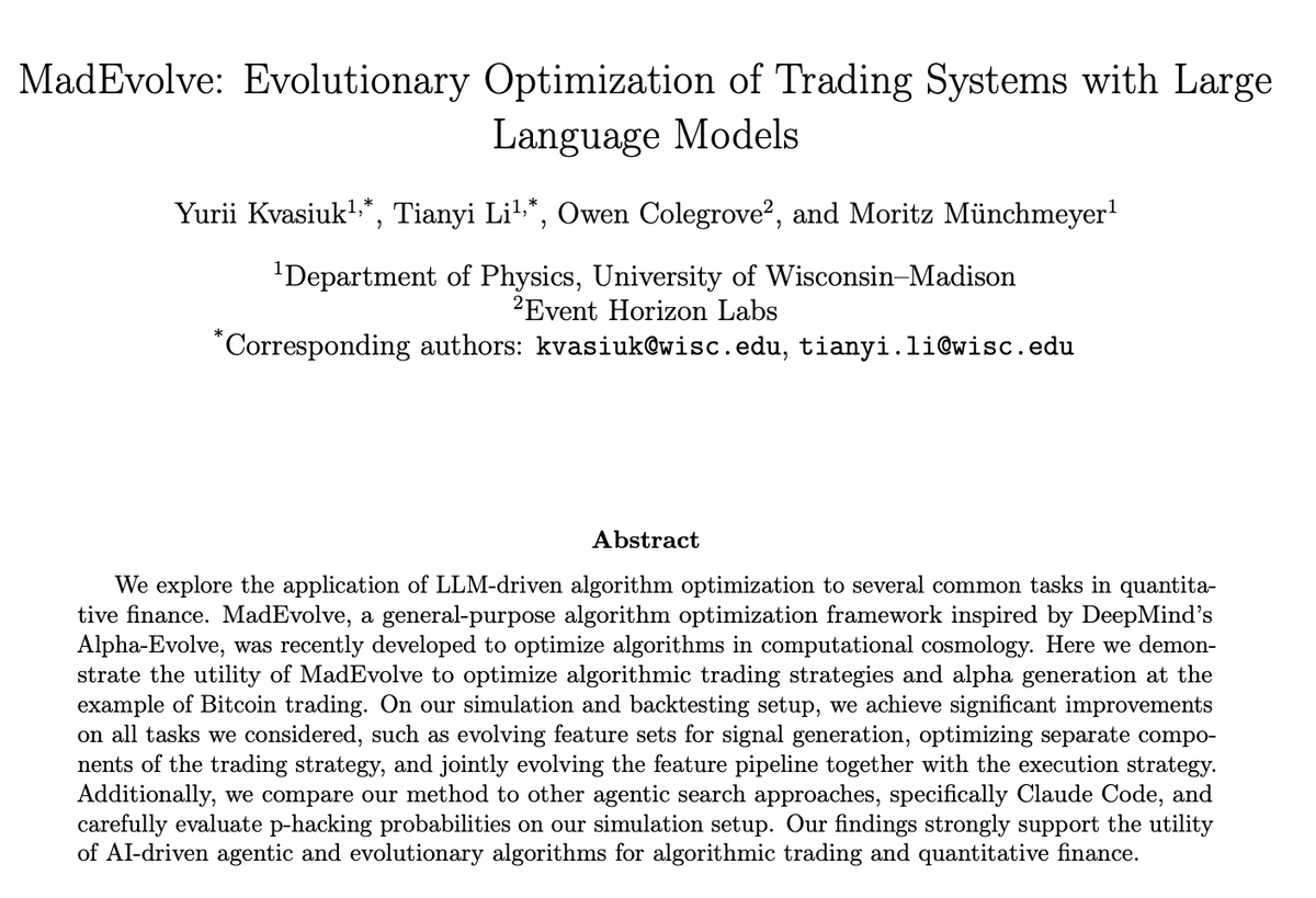 RuujSs's tweet photo. MadEvolve uses an LLM to evolve BTC execution strategies and feature sets.

What stood out is that it doesn’t just report better results, it also tests whether those gains could be overfitting using formal multiple testing bounds.

Thats the kind of rigor you don’t see often. https://t.co/y5JAzlRn2L