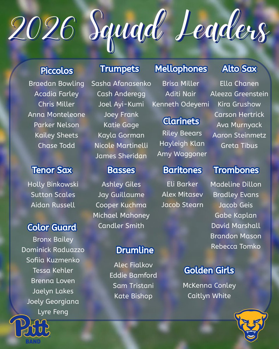 PittBand's tweet photo. Before we all take off for our 4th of July weekend plans, please join us in congratulating our new Squad Leaders for next season!! #H2P https://t.co/9cWCjjmBwl