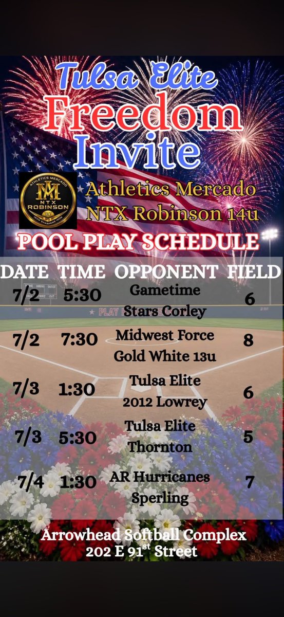 EmersanPowell08's tweet photo. This is the schedule for Tulsa elite freedom invite. Ready for the good competition and fun memories! #Softball #Tulsa #July4th #ironsharpensiron @amntxrob14u https://t.co/Q79EjQh153