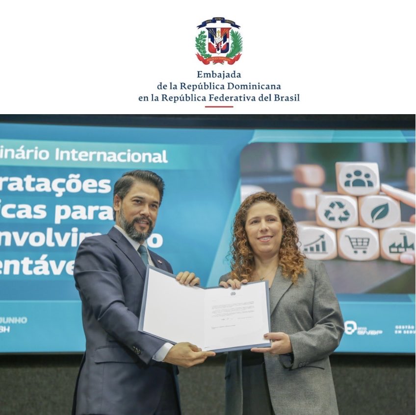 RDenBrasil's tweet photo. El embajador Robert Takata participó en la apertura del 2.º Seminario Internacional de Contrataciones Públicas para el Desarrollo Sostenible, donde formalizó la adhesión de la República Dominicana a la Declaración de Belém. https://t.co/4R8O9S5TCO