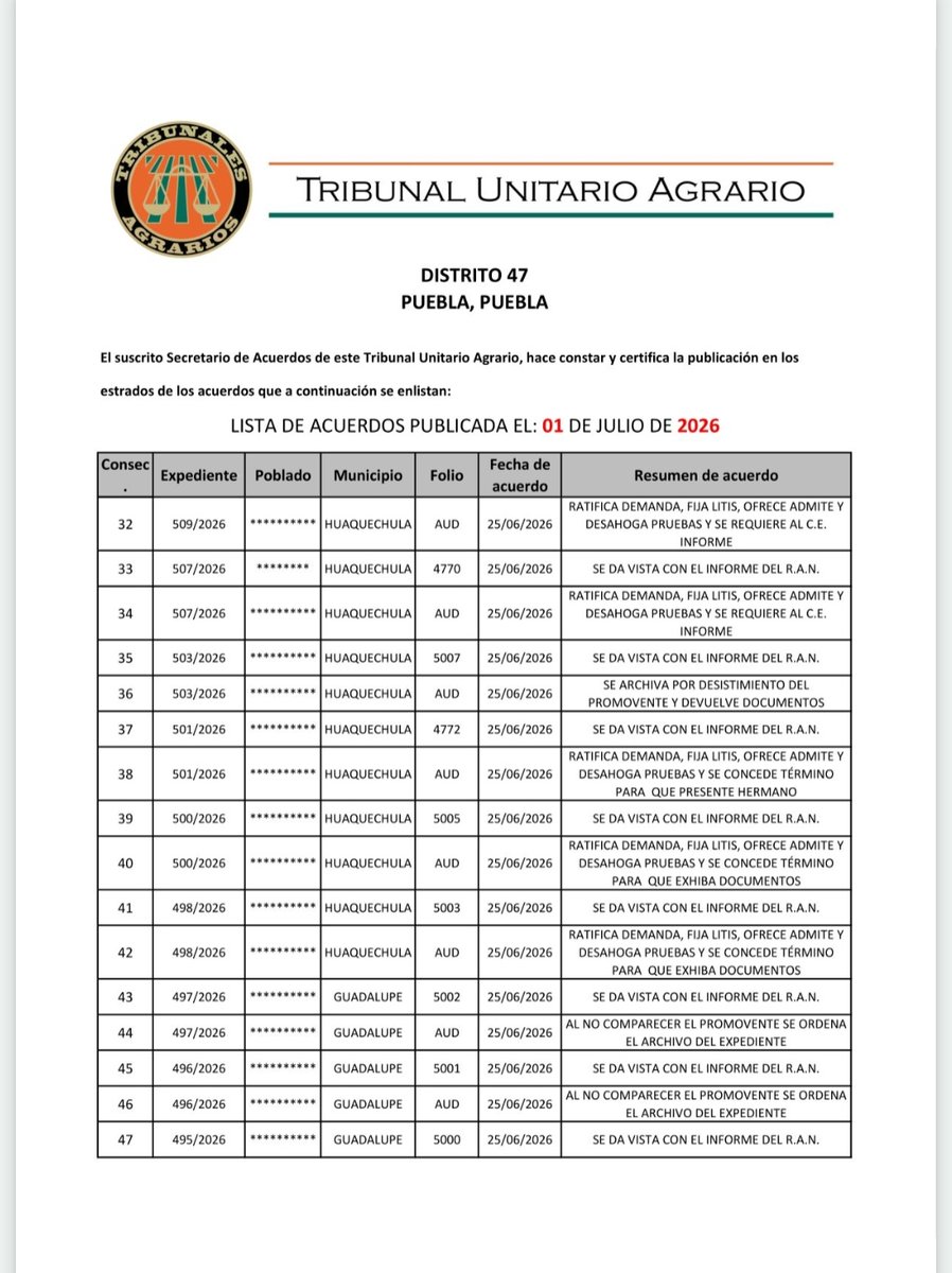 Tribunal47's tweet photo. Se publica la Lista de Acuerdos del dia 30 de Junio de 2026, publicada con fecha 01 de Julio de 2026 https://t.co/RF2DrbOKfX