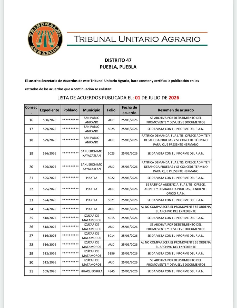 Tribunal47's tweet photo. Se publica la Lista de Acuerdos del dia 30 de Junio de 2026, publicada con fecha 01 de Julio de 2026 https://t.co/RF2DrbOKfX