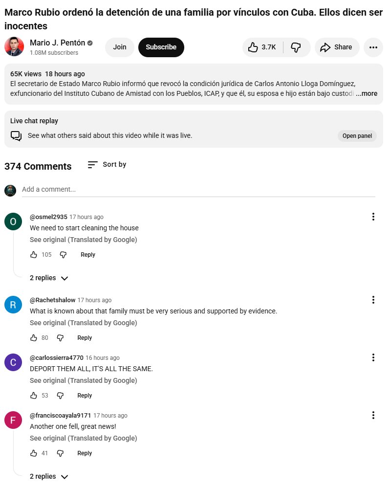 lamps_apple's tweet photo. @EricLDaugh I thought all the Spanish replies under a YouTube video supporting the family would be saying nasty things about Rubio and defending the family, but they’re all celebrating their removal. 🤣🤣🤣 Patriots!! https://t.co/2XlHnemMLZ