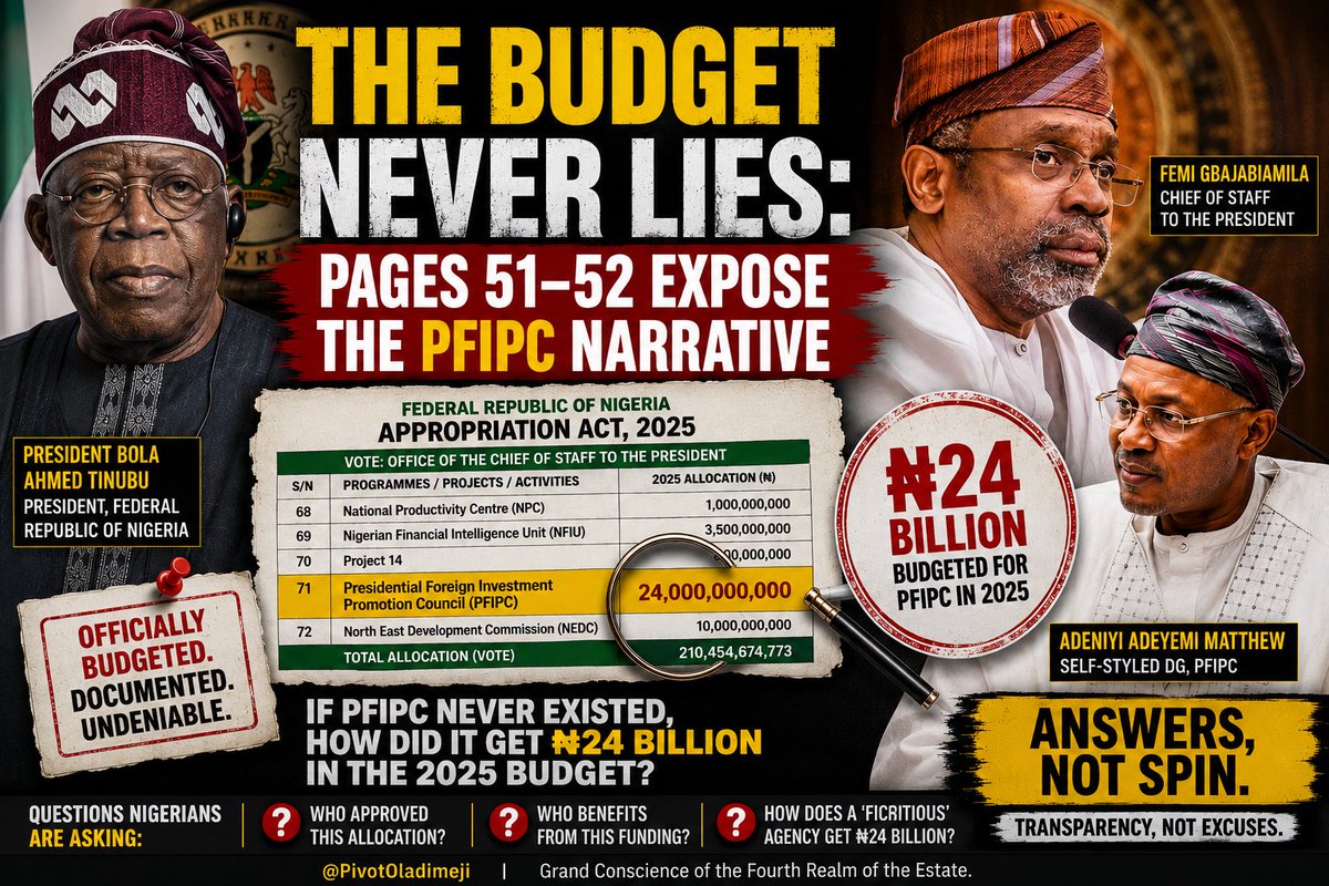 PivotOladimeji's tweet photo. THE BUDGET NEVER LIES: PAGES 51–52 EXPOSE THE PFIPC NARRATIVE 

Bayo Onanuga’s latest statement is not a rebuttal of the questions Nigerians are asking; it is a desperate exercise in damage control. It attempts to drown a straightforward controversy beneath pages of official correspondence, while conveniently ignoring the mountain of visual and documentary evidence already circulating in the public domain.

The real issue is simple. If this so-called agency never existed and the individual was merely an impostor, how did he operate so openly within the corridors of government? How did he gain access to government facilities, hold meetings with diplomats, use official insignia, interact with public institutions, and project the authority of the Presidency for such an extended period before anyone acted? These are questions that volumes of bureaucratic letters cannot erase.

Attempting to rewrite public perception after millions of Nigerians have seen photographs, videos, official-looking documents, and high-level engagements is an insult to the intelligence of a generation that verifies information for itself. More than 65% of Nigeria’s population is made up of young people who are digitally connected and capable of distinguishing facts from political spin. They have watched this story unfold in real time. They cannot simply be instructed to disregard what they have already seen with their own eyes.

Government credibility is not restored by issuing lengthy press releases after public confidence has been shaken. Credibility comes from transparency, accountability, and answering the obvious questions without hiding behind legal technicalities or public relations gymnastics.

Rather than attempting to manufacture a convenient narrative, the Presidency owes Nigerians a full, independent explanation of how such an elaborate operation allegedly flourished under the watch of multiple government institutions. Until those questions are answered convincingly, every attempt to dismiss legitimate public scrutiny will only deepen suspicion.

@PivotOladimeji
Grand Conscience of the Fourth Realm of the Estate GCFRE