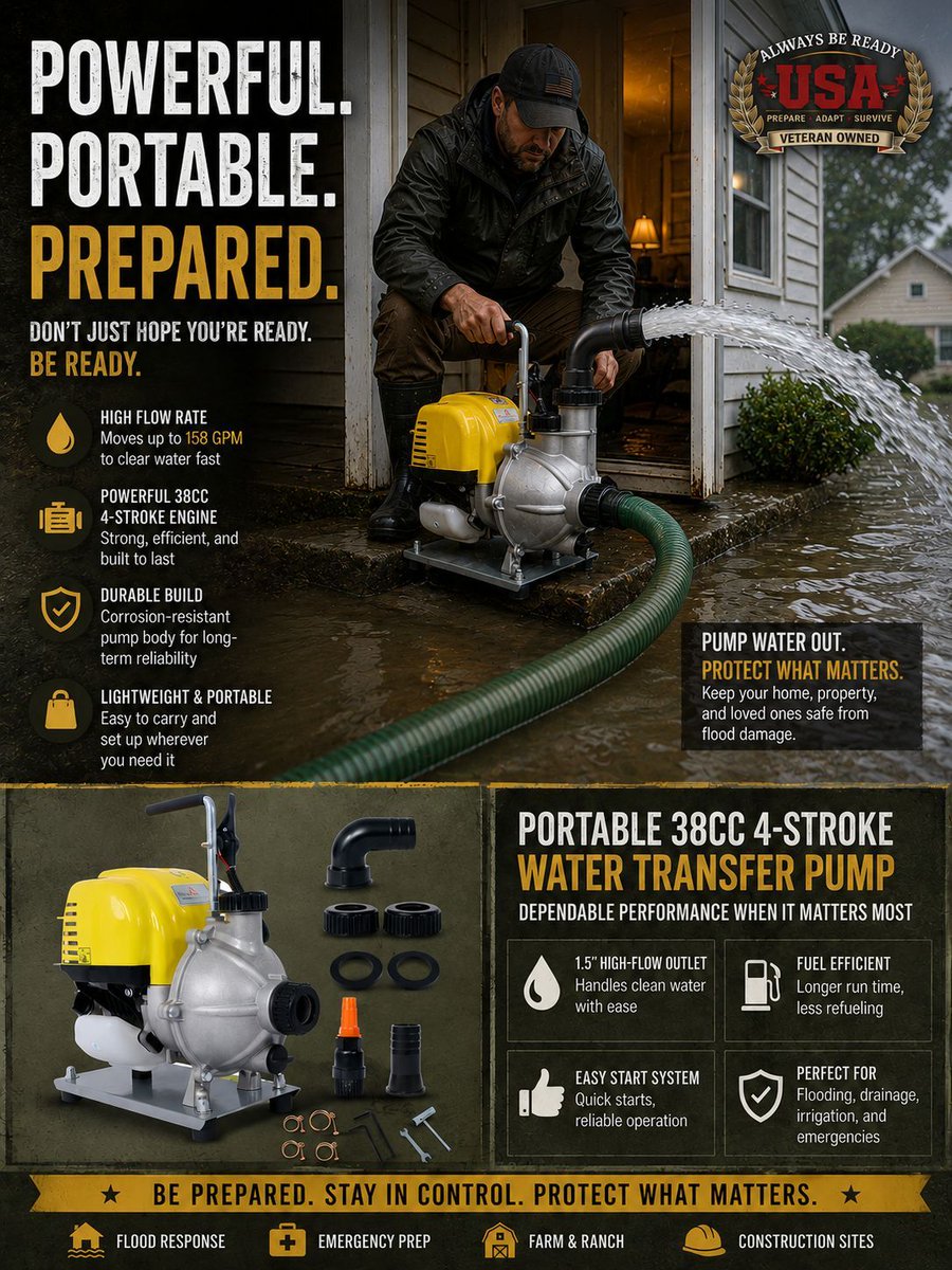 AlwaysBeReadyUS's tweet photo. Compact, dependable 38cc 4-stroke gas water transfer pump (1.5") moves water quickly with no fuss.
Shop: https://t.co/j5MkGosWOa
https://t.co/8PyXdjrHGD
#JobSiteEssentials #OutdoorGear #WaterPump #PortablePower #Dewatering #BackyardProjects #EmergencyPrep #Pumps https://t.co/3BOQ6Oq77T
