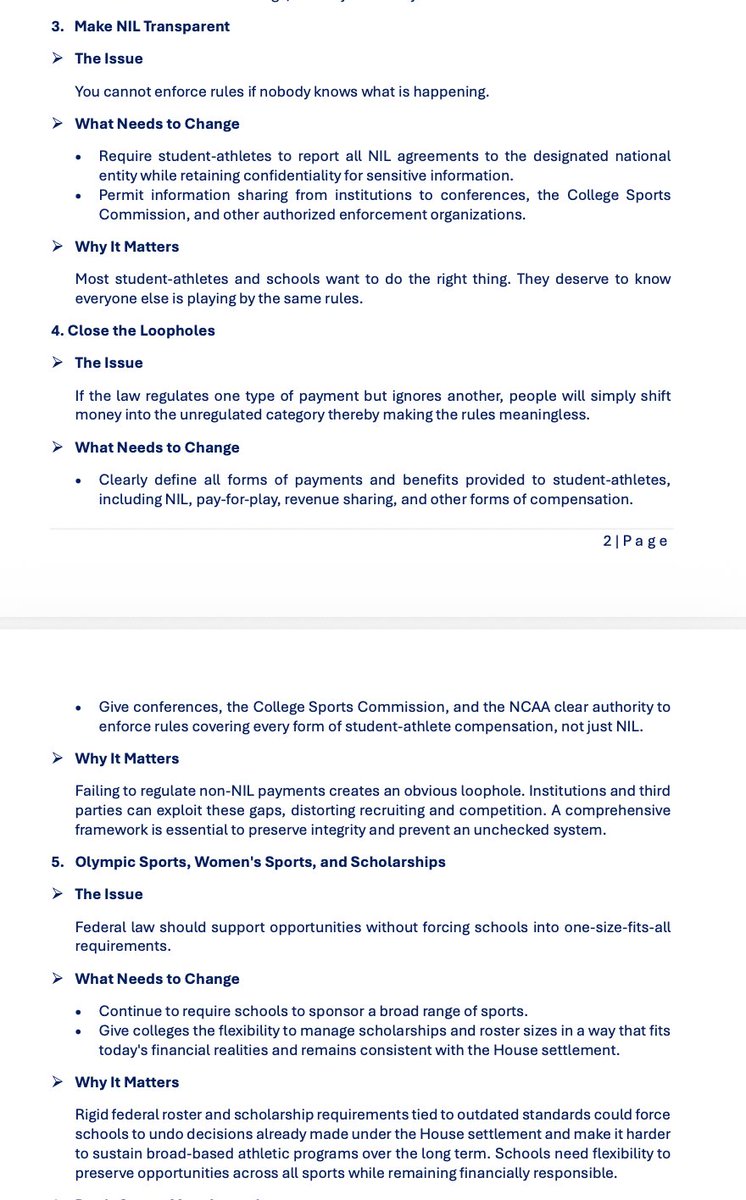 RossDellenger's tweet photo. The SEC and Big Ten are socializing with their members and Congressional staff a list of 10 legislative recommendations to the Protect College Sports Act.

Many are intended to strengthen the antitrust protection to prevent more lawsuits and “provide long-term stability.” https://t.co/9aGTTHHc5I