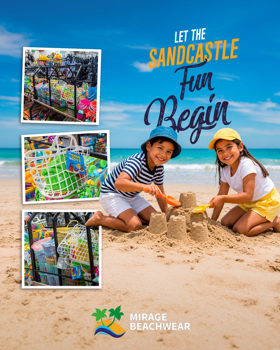 SPImiragebeach's tweet photo. What's a trip to the beach without building a sandcastle? 🏰

Grab a bucket, a shovel, and let the fun begin. Our sand toy sets are perfect for keeping kids entertained while creating beach memories. ⛱️

#MirageBeachwear #SouthPadreIsland #BeachDay #FamilyFun #KidsActivities https://t.co/AsveJr8lMp