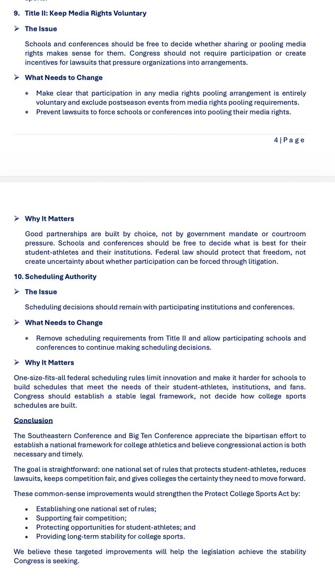 RossDellenger's tweet photo. The SEC and Big Ten are socializing with their members and Congressional staff a list of 10 legislative recommendations to the Protect College Sports Act.

Many are intended to strengthen the antitrust protection to prevent more lawsuits and “provide long-term stability.” https://t.co/9aGTTHHc5I
