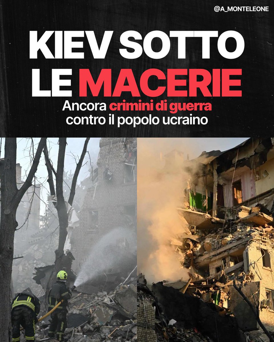 a_monteleone's tweet photo. Tredici morti e ottantasei feriti: è questo il bilancio di una delle notti più buie di Kiev. 

Tra le macerie, anche un pronto soccorso. Perché nella grammatica di guerra di Vladimir Putin curare i civili è, evidentemente, un bersaglio militare come un altro. E le note stampa cariche di "preoccupazione e sconcerto" restano lì dove sono sempre state: su carta.

Perché definire il regime russo una banda di criminali non basta più. Come non basta ripetere la solita favola del dialogo e della diplomazia. L'unica diplomazia che Mosca conosce è quella dei missili da crociera, dei droni, dei balistici: il solito repertorio criminale che Putin dispiega puntualmente ogni volta che decide di fare carneficina. Le immagini parlano chiare. 

Lo ripeto ai pacifisti nostrani: ogni volta che la Federazione Russa colpisce Kiev, a pagare col sangue sono i civili, gli inermi e chi un fucile non l'ha mai visto. Il resoconto è sulla stampa: tredici morti. Quello che sopravvive sempre, invece, è l'ipocrisia di chi proclama la pace. 

Se davvero si vuole la fine della guerra, si chiami il centralino del Cremlino. Non si aspetti che Kiev alzi bandiera bianca dopo l'ennesimo massacro del suo popolo.