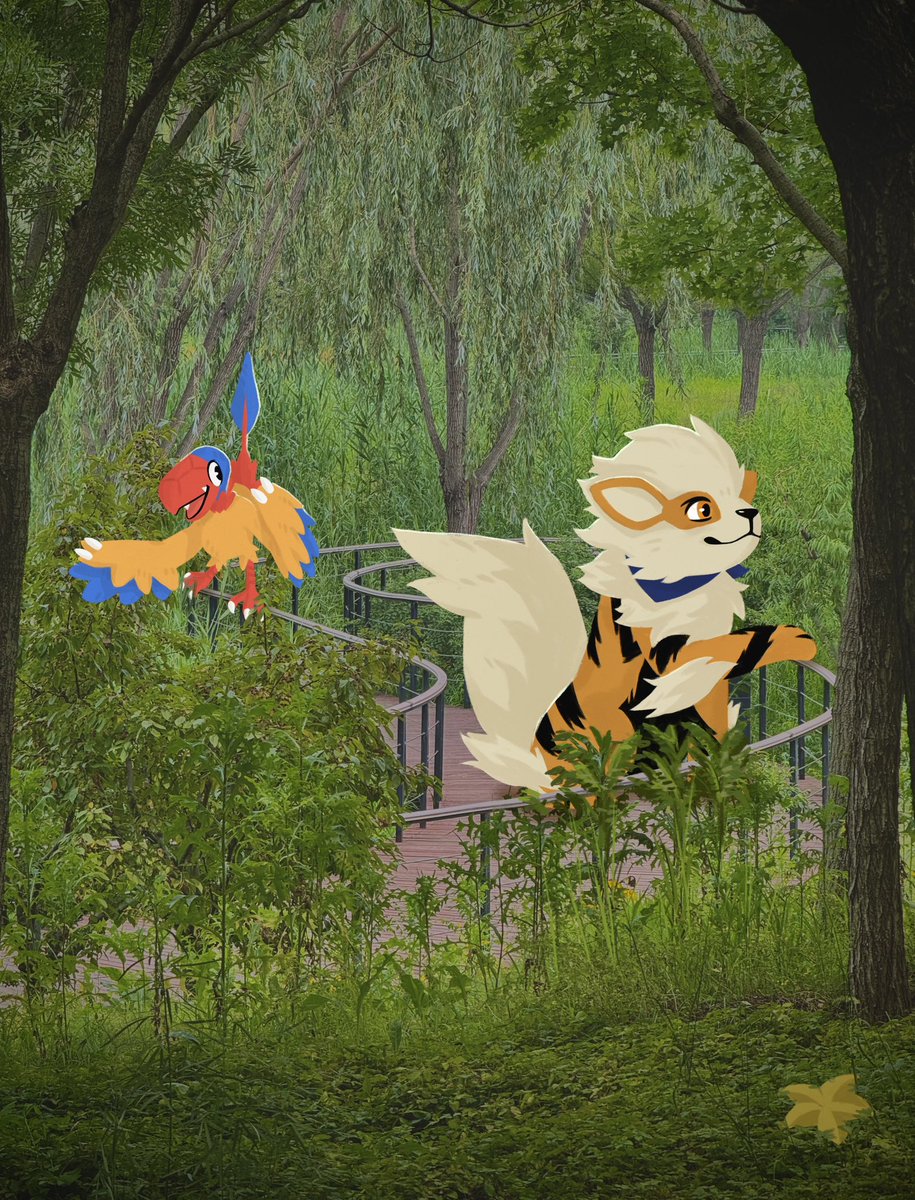 DLongL's tweet photo. Here we are at Yinluchi (Deer’s Watering Pond) Park, but we couldn’t find any trace of a deer... 
#Pokemonart #arcanine #archen https://t.co/RJMkFkXTlz