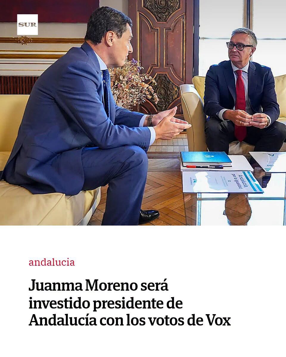 AndaluciaSinVOX's tweet photo. El gobierno de Pedro Sánchez no es  legítimo y el de PP y Vox en #Andalucia ( en la foto el presidente y el vicepresidente del gobierno andaluz ) sí es legítimo https://t.co/wEH4G2Vi83