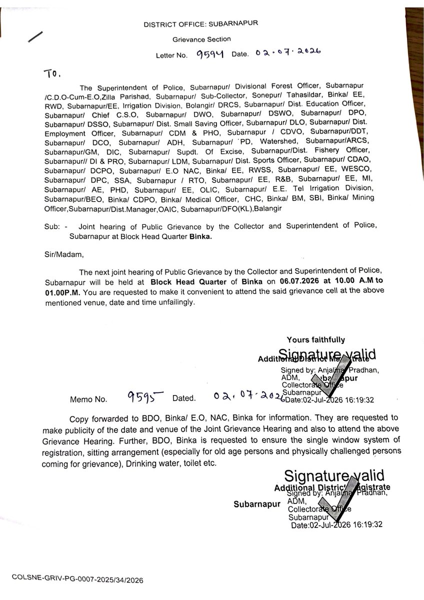 DM_Subarnapur's tweet photo. @CMO_Odisha @IPR_Odisha  
ଆସନ୍ତା ତା.୬.୦୭.୨୦୨୬ ରିଖ ଦିନ ସୁବର୍ଣ୍ଣପୁର ଜିଲ୍ଲାର ବିନିକା ବ୍ଲକ ସ୍ତରୀୟ ଜିଲ୍ଲାପାଳ ଓ ଆରକ୍ଷୀ ଅଧିକ୍ଷକଙ୍କ ଯୁଗ୍ମ ଅଭିଯୋଗ ଶୁଣାଣି ଓ ଉପଶମ ଶିବିର ବିନିକା ପଞ୍ଚାୟତ  ସମିତି  କାର୍ଯ୍ୟାଳୟର ସଭା ଗୃହ ଠାରେ ଅନୁଷ୍ଠିତ ହେବ । https://t.co/Njep346CDV