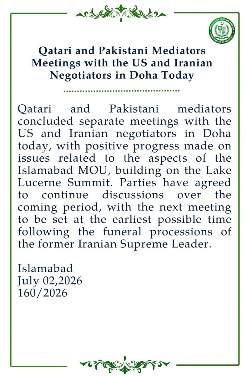 RYKREHMAN's tweet photo. Mediators from #Pakistan and #Qatar separately hold meetings with delegations of US and Iran in Doha. All sides agree to hold next meeting at the earliest.
#Iran #UnitedStates #Pakistan
#MiddleEast #Diplomacy https://t.co/0kB8xodyBO